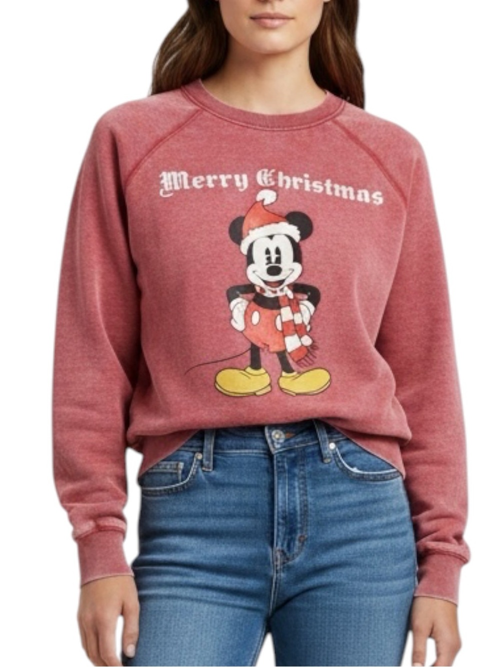 DISNEY Retro Feel Merry Christmas Mickey Mouse Sweatshirt in Vintage Red Size L